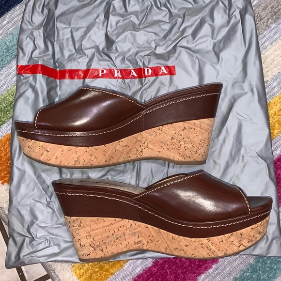 PRADA Brown Leather Logo Cork Platform Open-Toe Wedge Sandals - Picture 8 of 16